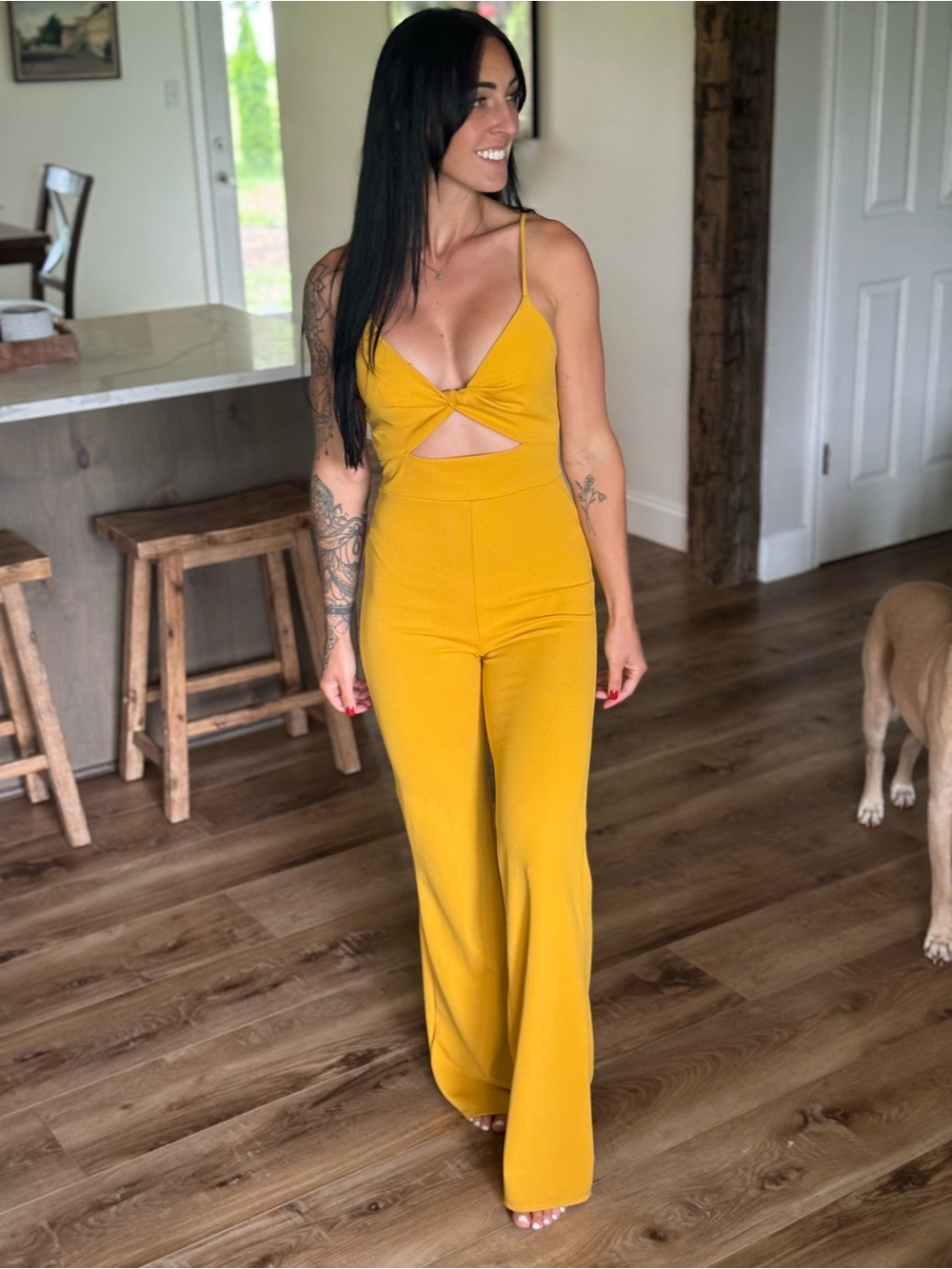 Windsor Mustard Spaghetti-Strap Wide-Leg Jumpsuit